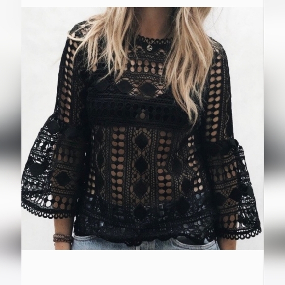Ellison Crochet Sheer Top Women Sz M Black Bell Sleeve Lace See Thru Y2k 90s - Picture 1 of 15